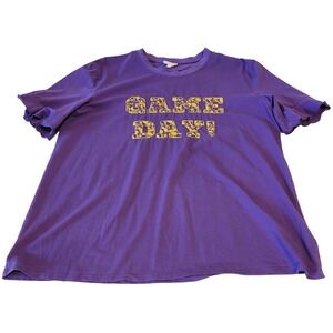 Layerz Clothing Game Day T-Shirt Womens Medium Purple Yellow Ruffle Sleeve Tee